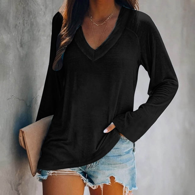 SDNall Hauts à Manches Longues pour Femmes Mode Décontractée Col en V Uni Blouse
