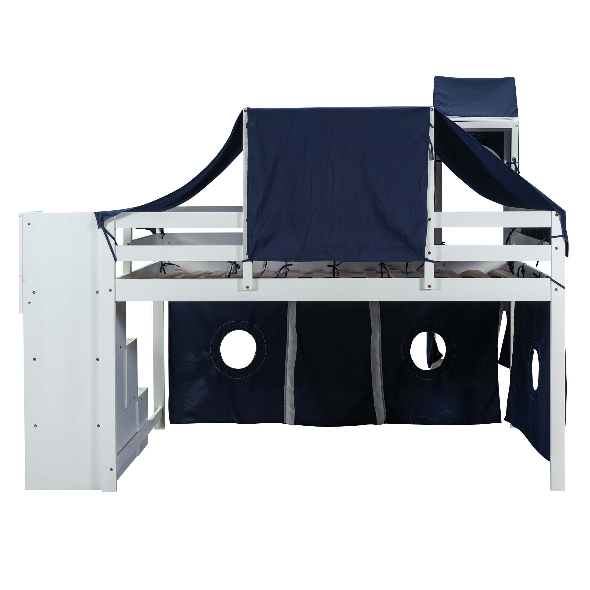 Aukfa Full Size Loft Bed with Slide - House Loft Castle Bed with Stairway Tent Tower for Kids - Navy