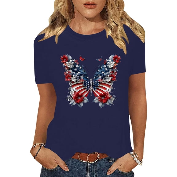 Odbmxy Cotton Womens Tee Shirts Short Sleeve 4th of July Women's Shirts Leisure Holiday Graphic Soft Loose Blue Tops