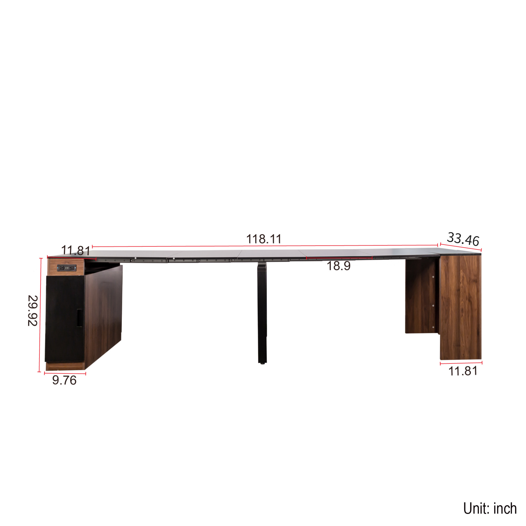 Noble House 118" Extendable Dining Table, Console-to-Table with Outlet, 5 Leaves & Panel Storage, Walnut + Black