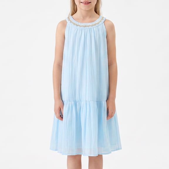 Girls Summer Dress Halter Neck Flower Girl Party Dress Embroidered Sleeveless Tiered Chiffon Sundress for Kids, Blue, Sizes 4-5Y