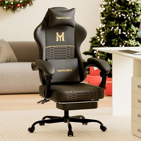 Ergonomic Video Computer Game Chairs with Footrest, Gaming Chair with Lumbar & Headrest Support for Adults, 360° Swivel High Back Office Desk Chair for Home and Office (Leather Black)