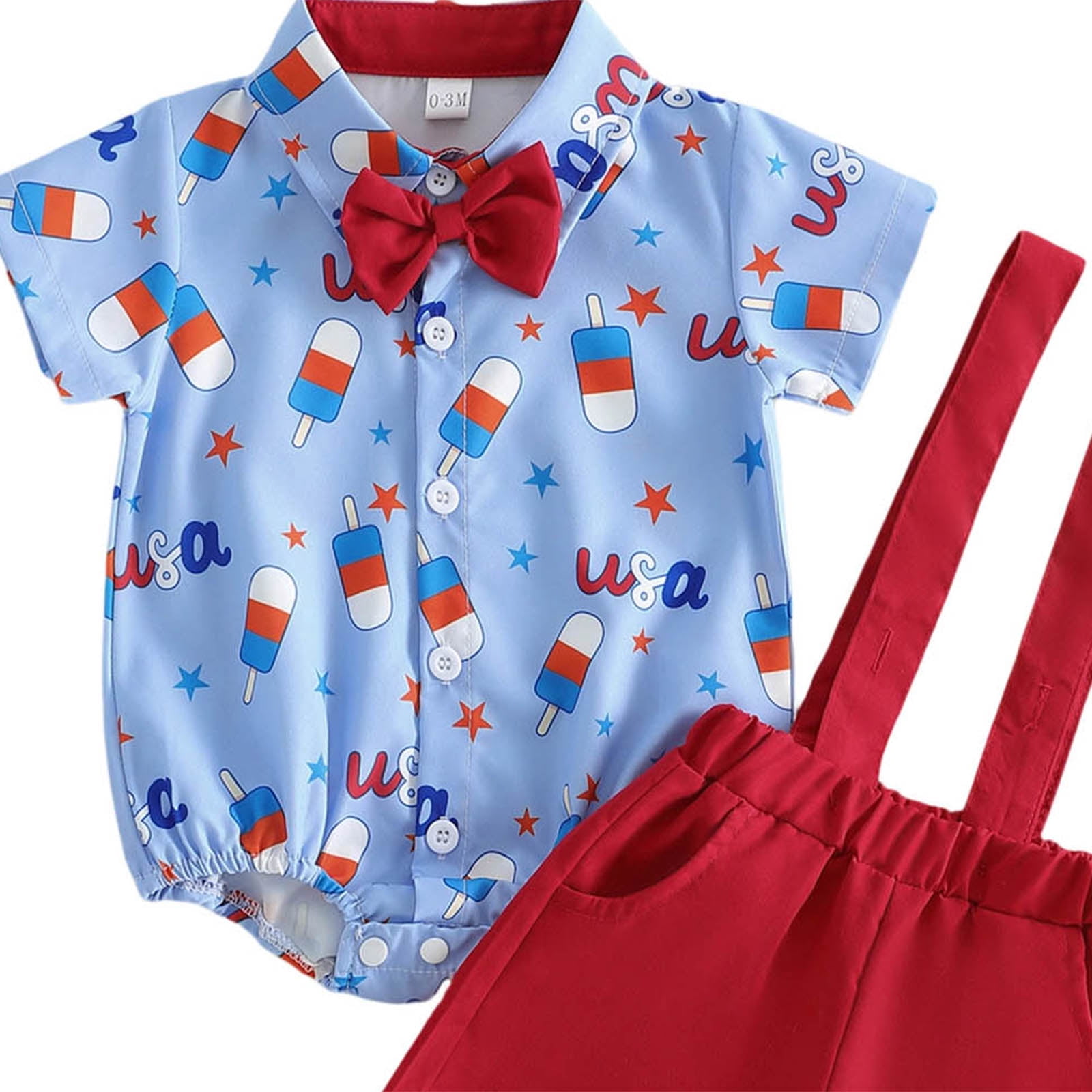 Wxirdiow Boy Baptism Outfit Toddler Baby Boy 4th of Outfits Gentleman Short Sleeve Button Down Romper Shirt Dress Shorts Fourth of July Clothes Set Blue Size,0-3 Months