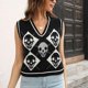 thumbnail image 3 of Top Sin Mangas Con Cuello En V, Chaleco De Suéter De Mujer Amigable Con La Piel A Cuadros De Diamantes A La Moda Para El Club Para Ir De Compras ANGGREK Negro S, 3 of 8
