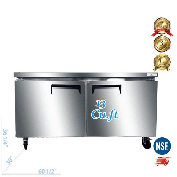 60 inch 13 cu.ft, 36 1/4" heigh Commercial Undercounter  refrigerator, 2 Solid Doors, stainless steel exterior, NSF certified.