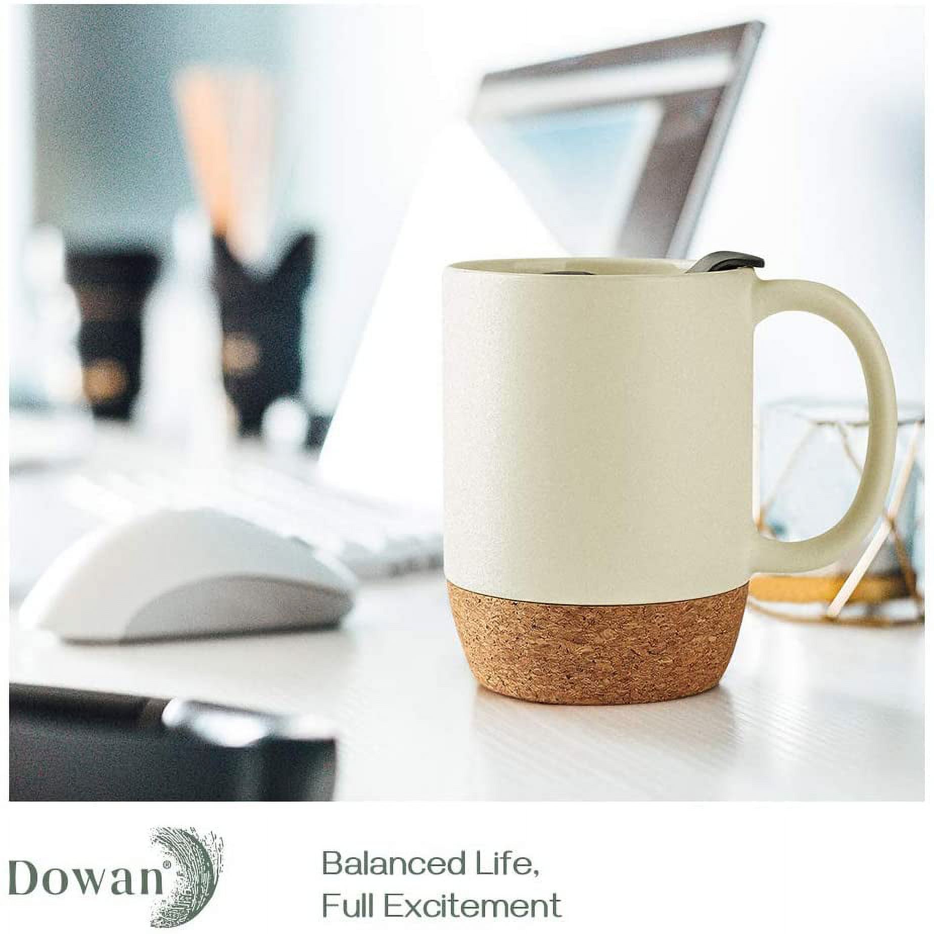 DOWAN Coffee Mugs Set of 2, 15 OZ Ceramic Mug with Insulated Cork Bottom and Splash Proof Lid, Large Coffee Mug with Handle for Men, Women, Beige - image 2 of 7