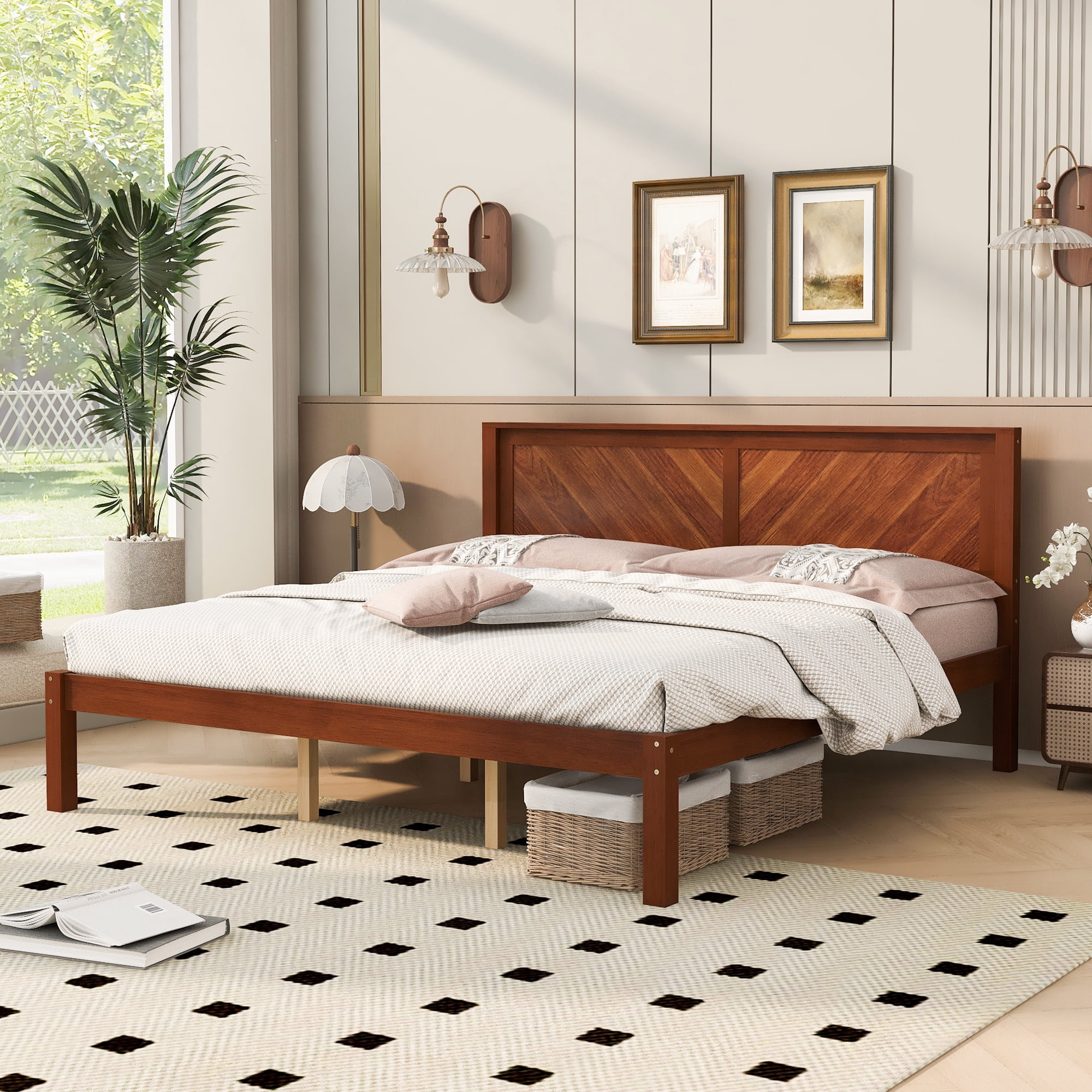 King Size Solid Wood Platform Bed Frame with Herringbone Wood Headboard, Farmhouse Chevron Panel Bed, Under Bed Storage Clearance, No Box Spring Needed, Sturdy Support Legs, Walnut Finish