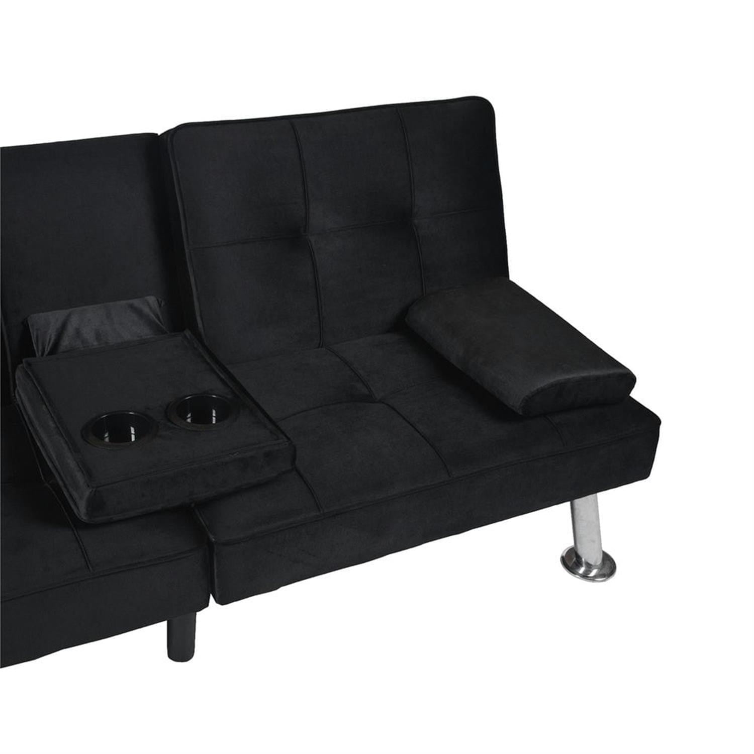 Demi Bonn Futon Sofa Bed, Velvet Futon Couch for Living Room, Recliner Sleeper Sofa with 2 Cup Holders, Removable Armrests, Metal Legs, Black