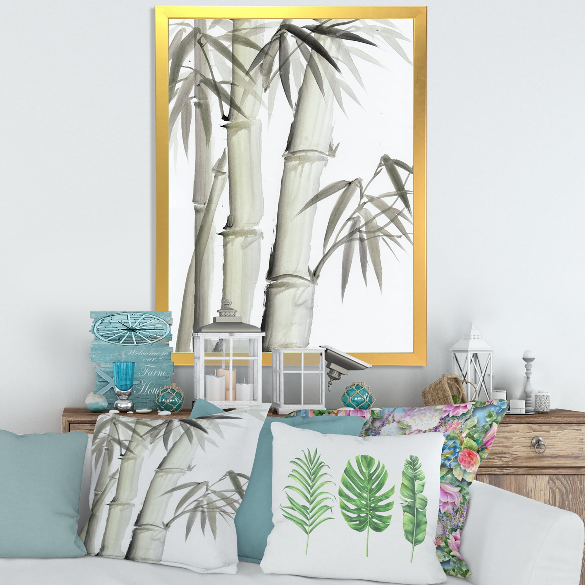 Designart 'Vintage Black and White Bamboo V' Lake House Framed Art Print