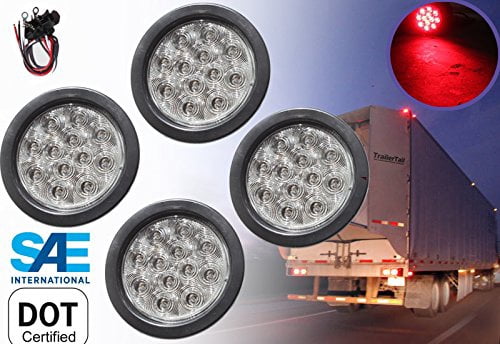 4 Pieces 4' Clear Lens Round Red LED Light Brake Stop Turn Tail Signal w Grommet Pigtail Kit for Truck Trailer Tractor Jeep DOT SAE Approved New