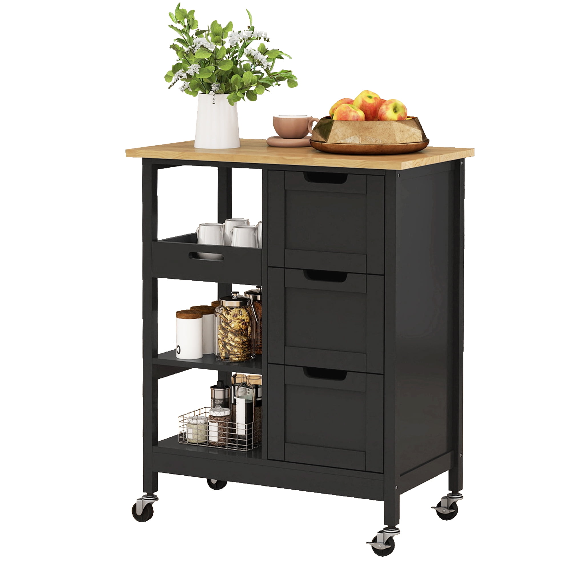 Dextrus Rolling Kitchen Island with Drawers, 3-Tier Kitchen Storage Cart with Shelves, Black