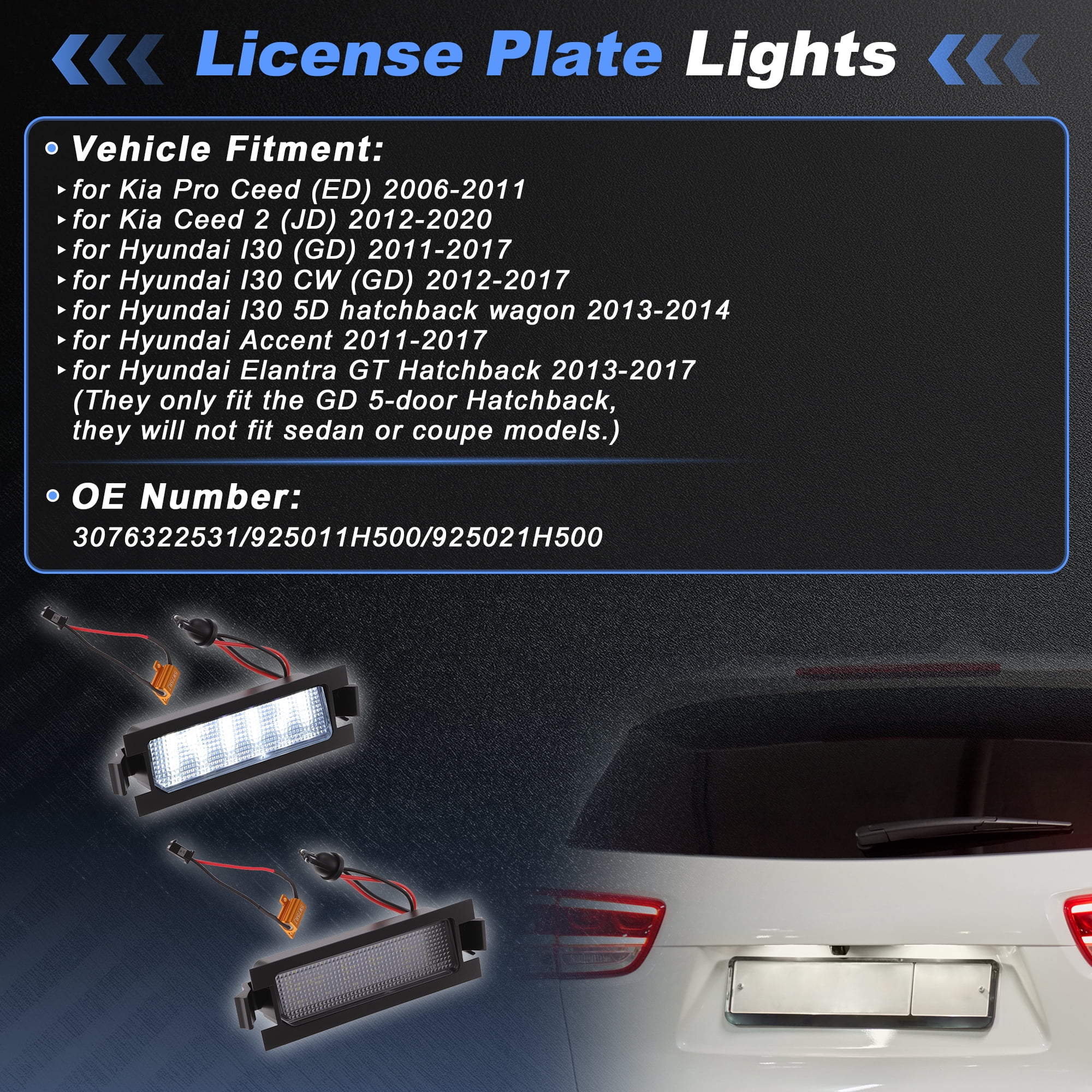 Unique Bargains LED License Plate Light for Kia Pro Ceed (for ED) 2006-2011 for Kia Ceed 2 (for JD) 2012-2020 White Light LED Tag Light Plastic No.3076322531/925011H500 1 Set