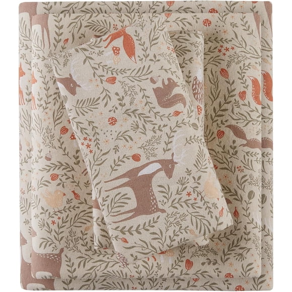 Comfort Spaces Cotton Flannel Sheets Twin Size, Ultra Soft Flannel Sheet Set with 12" Elastic Pocket, Novelty Print Warm Flannel Bedding, Taupe Woodland Forest 3 Piece