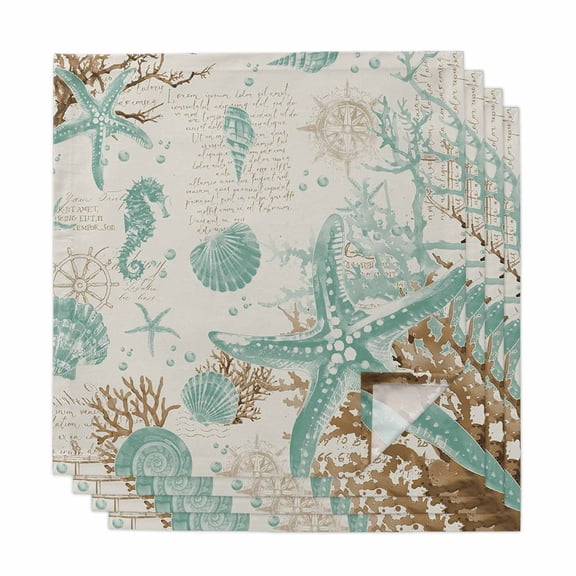 Aqua Coastal Starfish Cloth Napkins, Farmhouse Nautical Seahorse Coral Washable and Reusable Dinner Napkins Set of 4, Table Napkin for Kitchen Party Birthday Wedding Hotel Housewarming 20"x20"