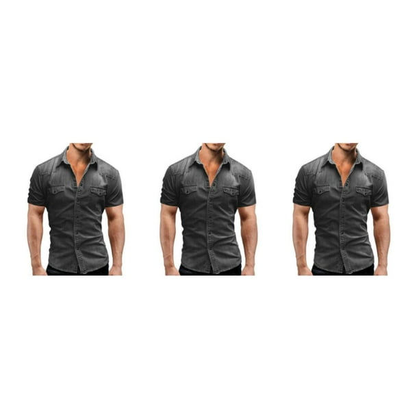 Qarigey Camisa vaquera fina para hombre, ajustada, ligera, elástica, manga corta, estilo americano, cierre de botones, ajuste muscular, Type1 NO1