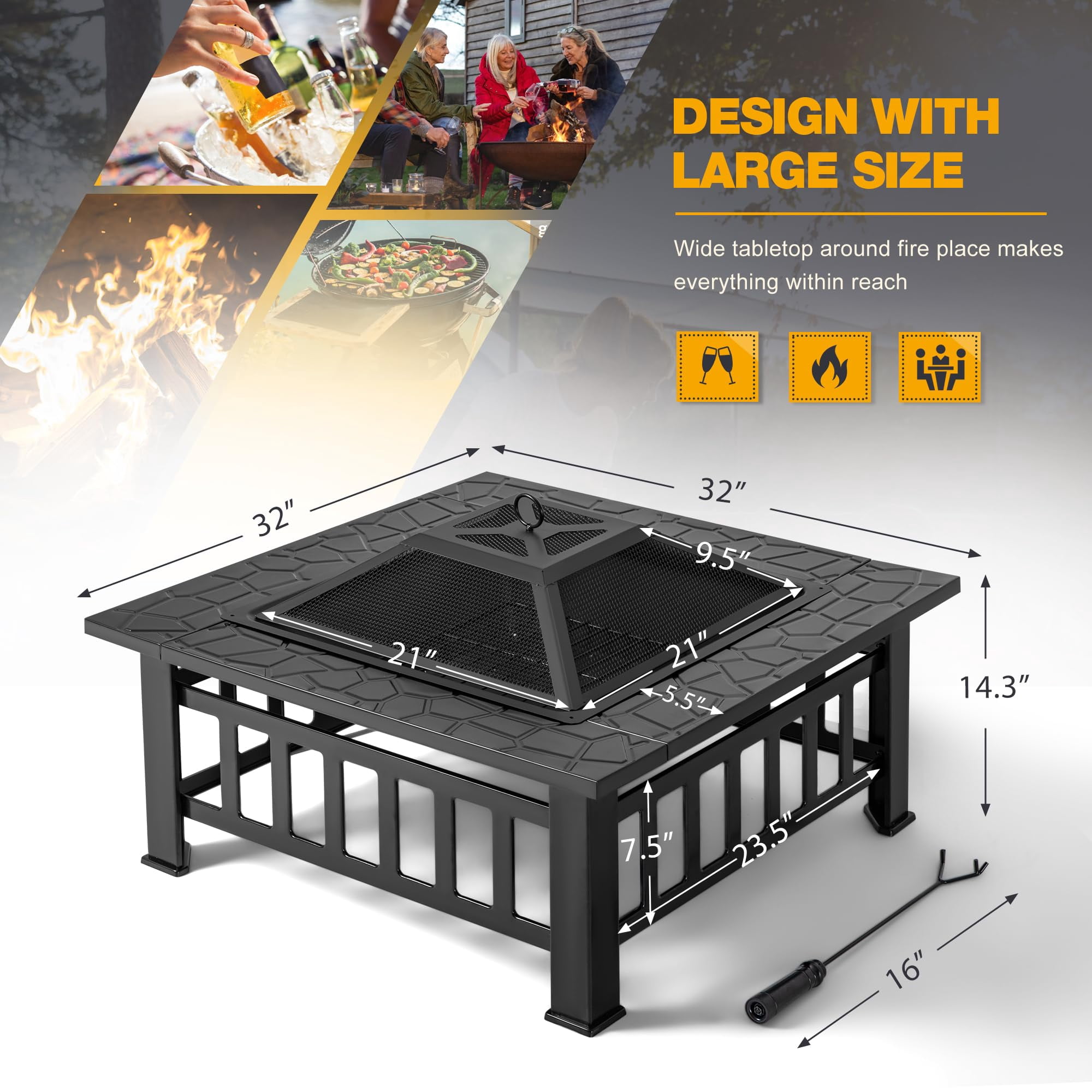 Geemuslly Outdoor Fire Pit, 32 Inch Firepit Table Metal Outdoor Fireplaces for Outside Patio Camping