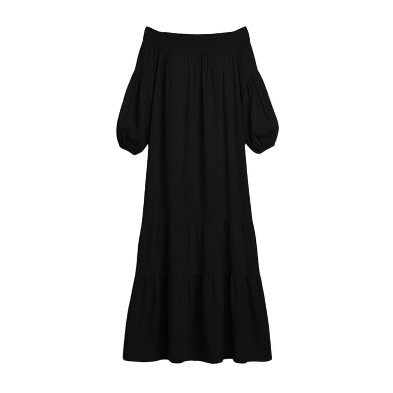 Hduncf Women's Fashion Summer Cotton Linen Dress Loose Lantern Sleeves  Ruffled Off Shoulder Flowy Tiered A-Line Maxi Dresses Black M - Walmart.com