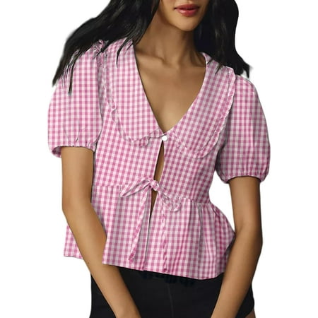 QIUYI Women Plaid Ruffle Crop Top Puff Short Sleeve V Neck Peplum Blouse Y2k Tie Up Cute Open Front Babydoll T Shirt