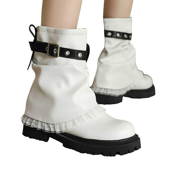 Womens Denim Mid Calf Fold Over Boots Wide Toe Box Lace Platform Ankle Boots Slip On Stacked Low Heel Buckle Motocycle Boots White Size 5.5