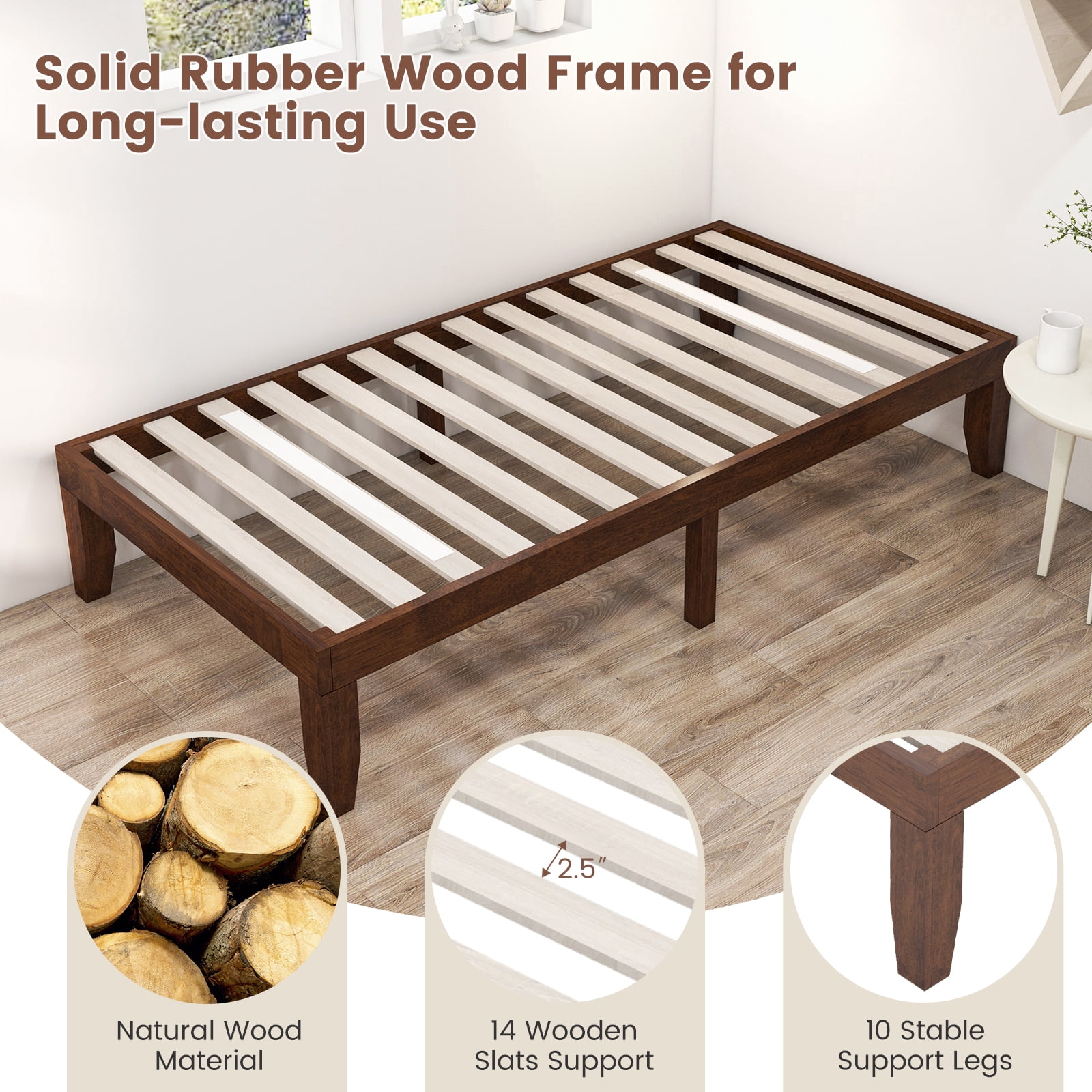 Costway Mid-Century Modern Plywood Twin Brown Cherry