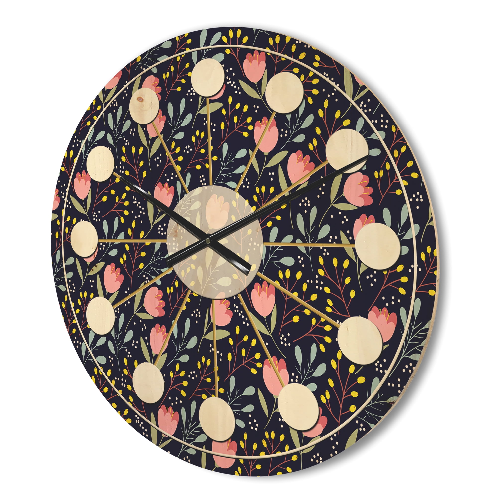Designart 'Pink Flowers With Leaves' Mid-Century Modern Wood Wall Clock