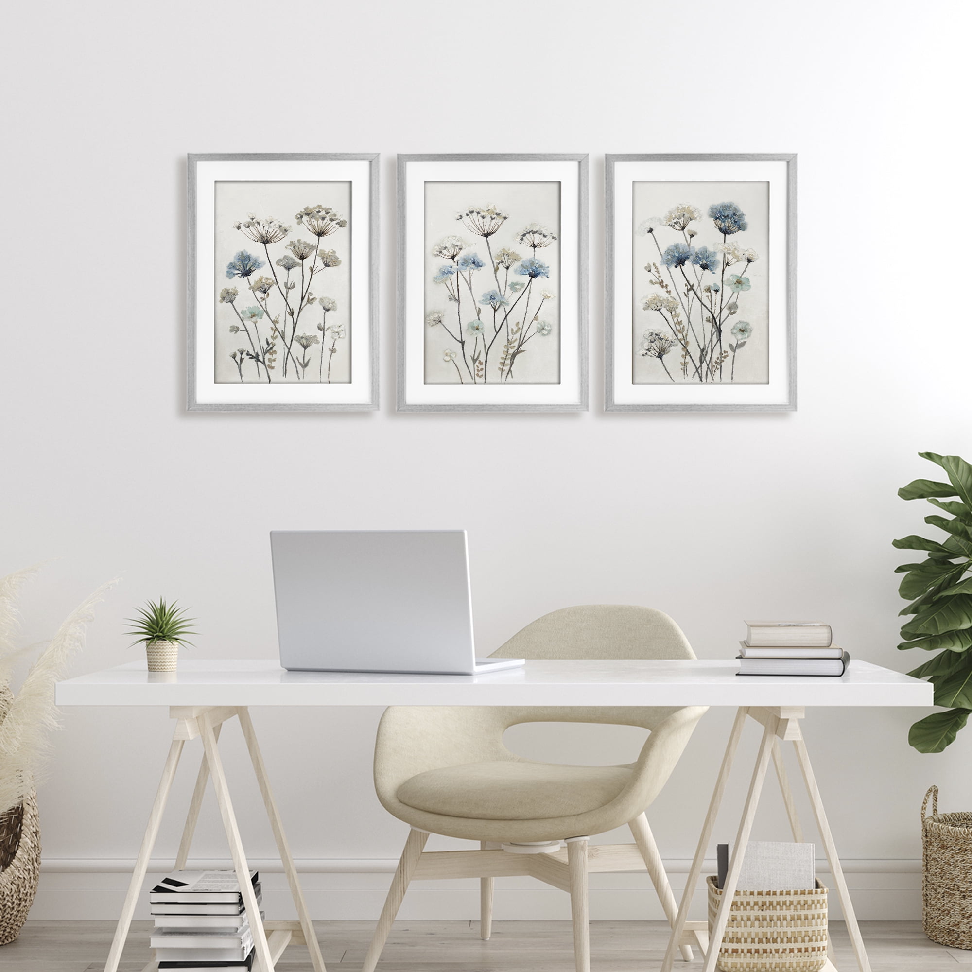 Stupell Industries Neutral & Blue Garden 3 Piece Gray Framed Print Under Glass Set, design by Patricia Pinto