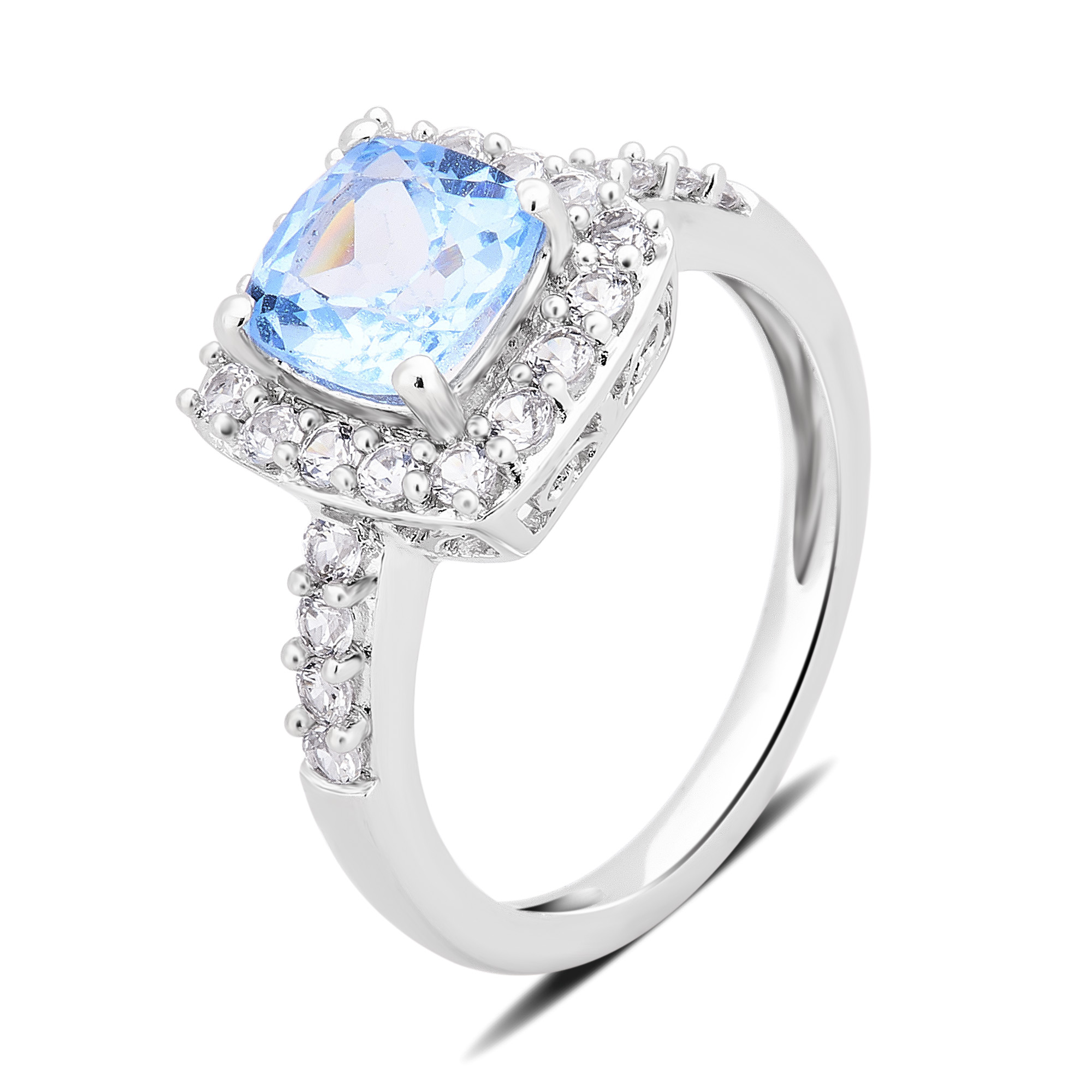 Arista Created Aquamarine and White Sapphire Halo Women's Engagement Ring in Sterling Silver