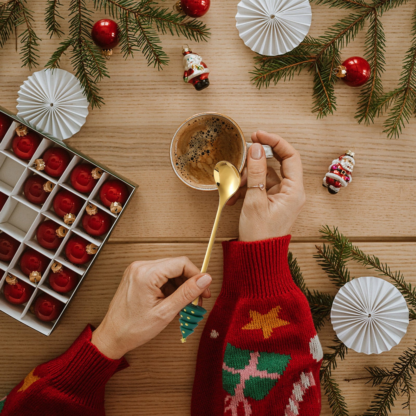 Cuillères à Café/Dessert De Noël - Lot De 6 En Acier Inoxydable Avec Pendentifs (Père Noël, Sapin...), Cadeau Festif