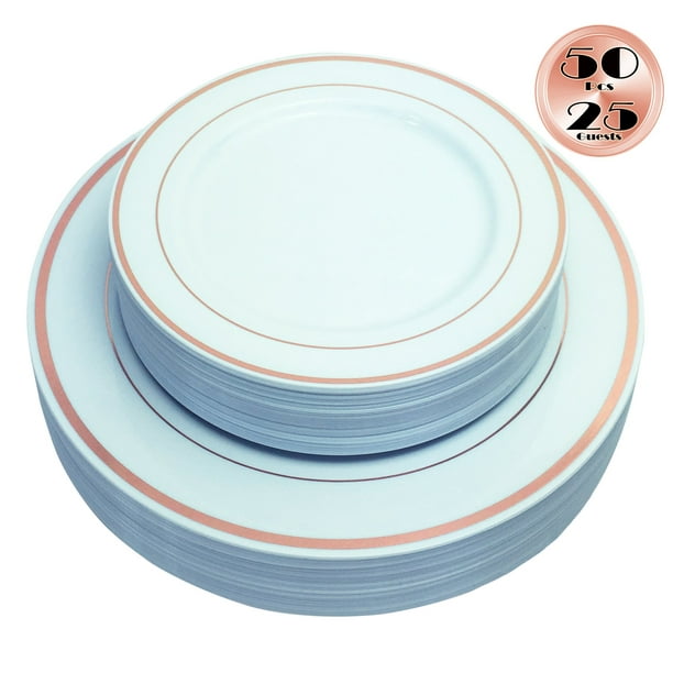 JL Prime 50 Piece Rose Gold Plastic Plates for 25 Guests, Heavy Duty Reusable Disposable Plastic