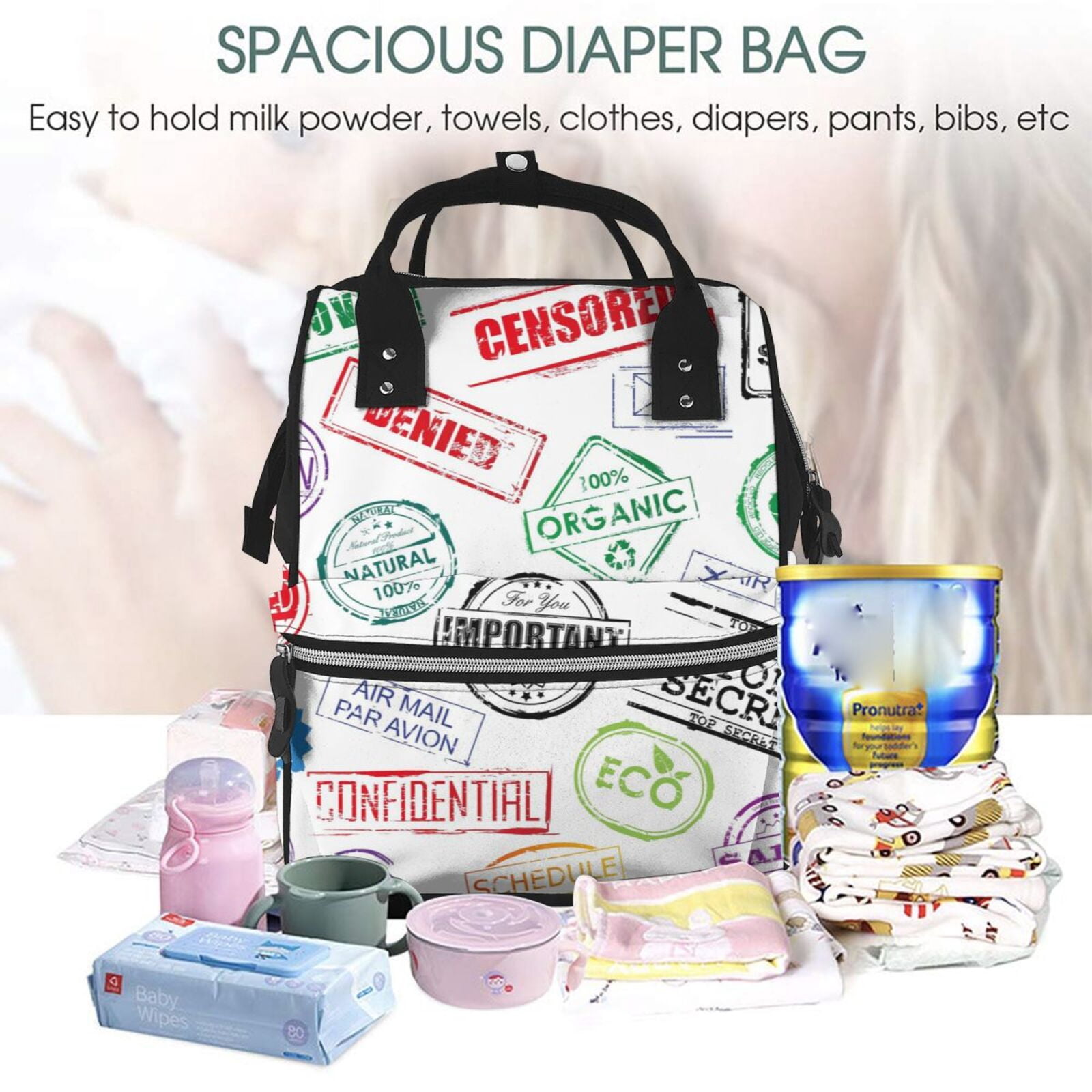 Fuzoiu Stamp Set Collection Print Diaper Bag Backpack,Baby Essentials Travel Tote,Multi function Waterproof Diaper Bag, Travel Essentials Baby Bag - Unisex