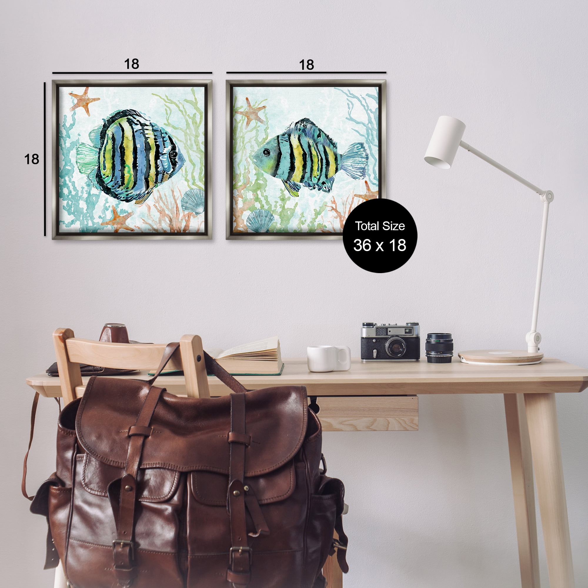 Stupell Industries Aquatic Striped Fish Animals Painting Gray Floater Framed Canvas Art Print Wall Art, 18 x 18, Set of 2