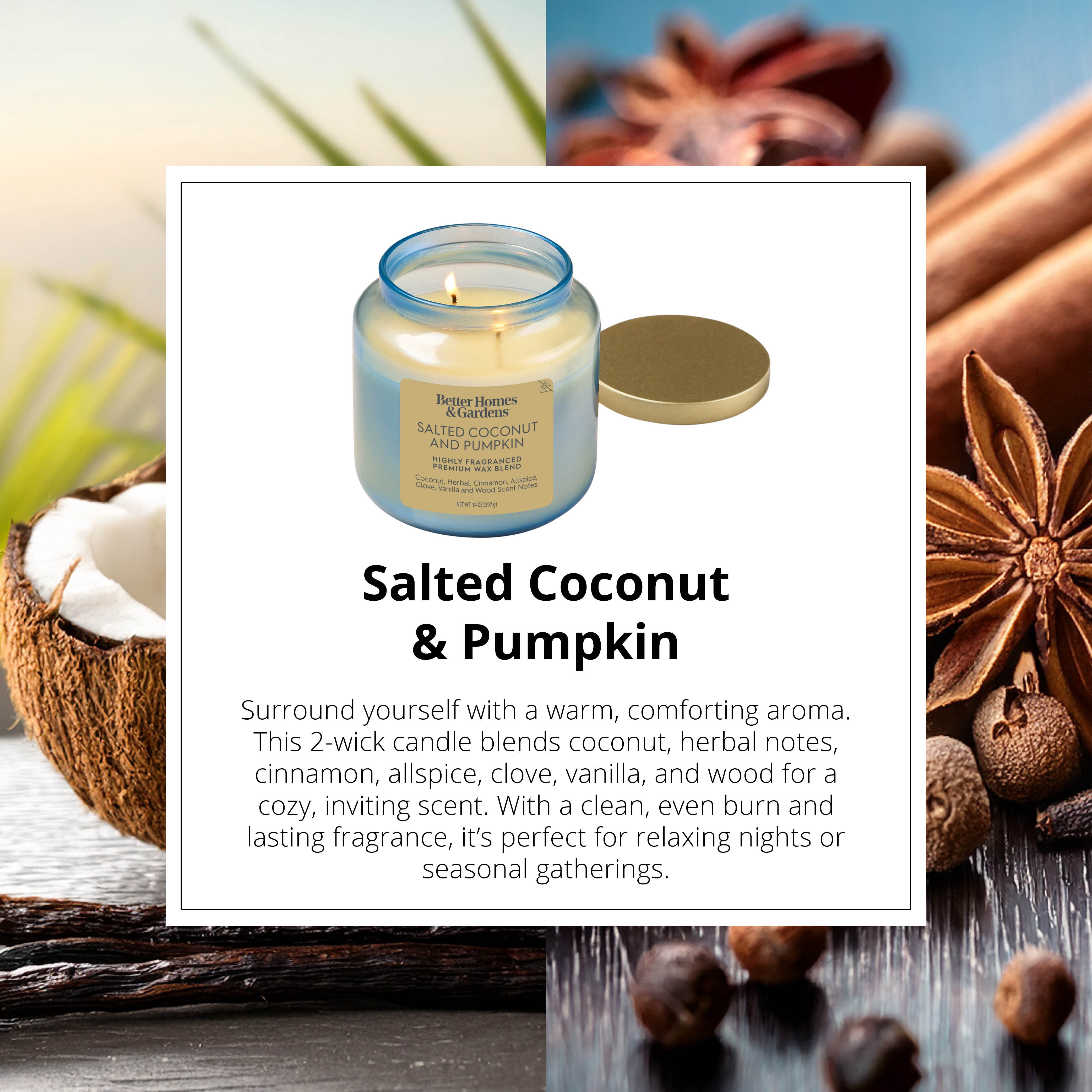 Better Homes & Gardens 2-Wick Salted Coconut & Pumpkin Candle, 14oz Blue Glass Jar with Gold Lid