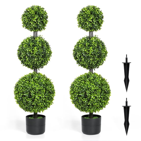 36in Artificial Triple Ball Boxwood Topiary Tree Set of 2, UV Resistant Faux Greenery Plant for Indoor Outdoor Front Porch Patio Garden Office Home Decor, Low Maintenance Fake Shrubs
