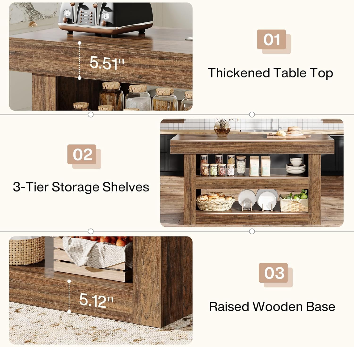 Finmind 55-Inch Kitchen Island with Large Countertop, Wooden Coffee Bar Table for Kitchen, Dining Room, Living Room, Brown