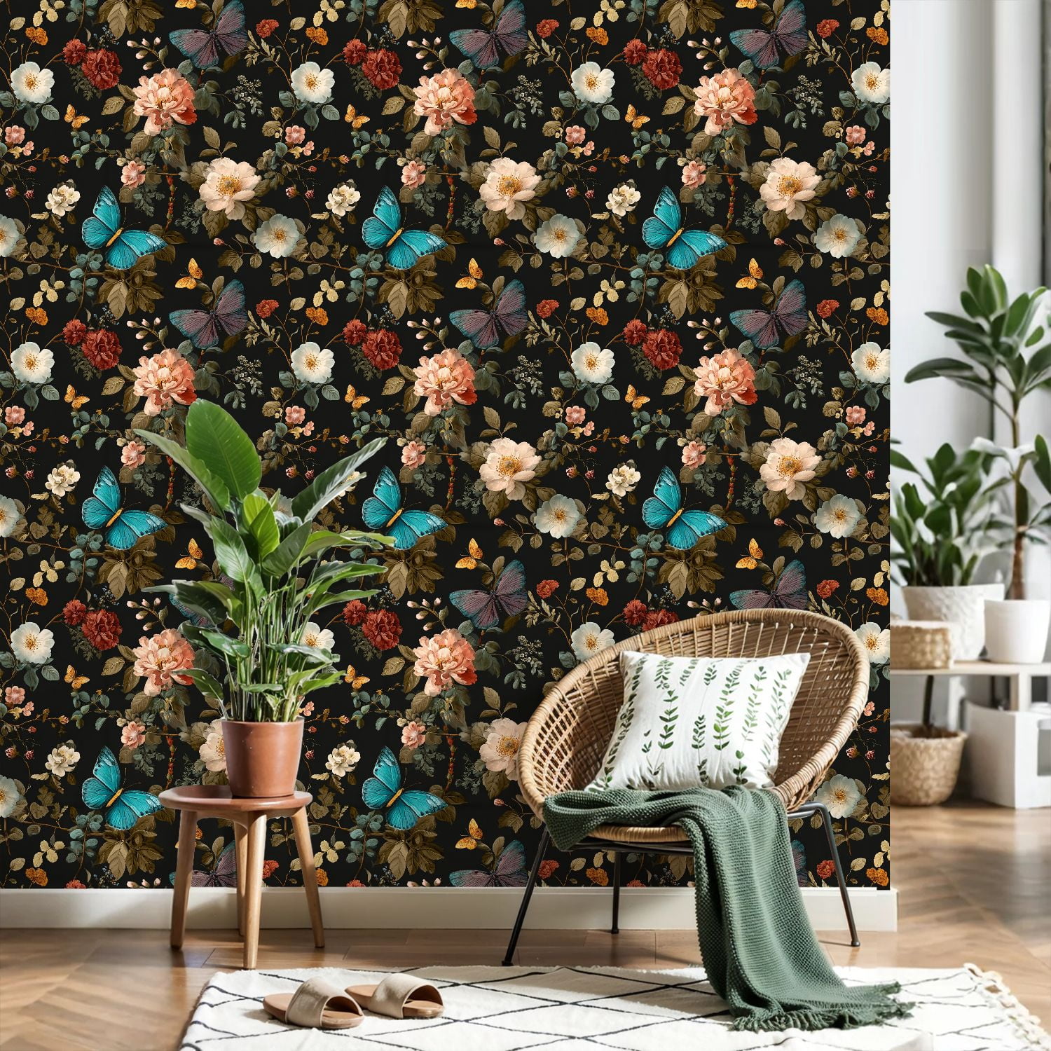 Peel and Stick Wallpaper Elegant Floral Butterfly Dark Vibrant Roses Colorful Butterflies 17.7in x 118in Contact Paper Removable Self Adhesive Wall Mural Wall Decor for Bedroom Kitchen Cabinets