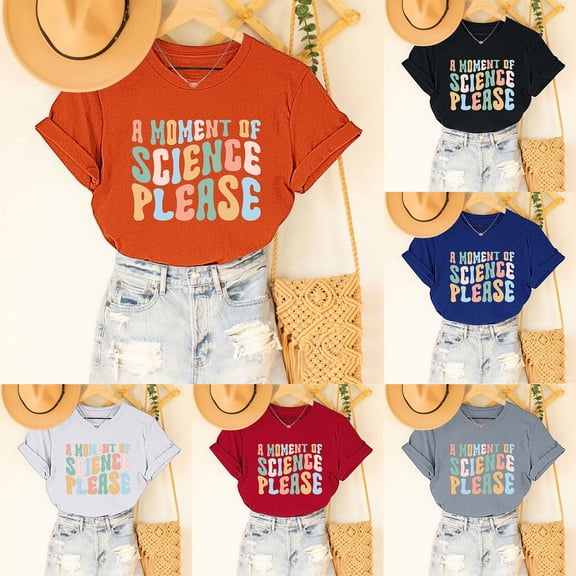 YHAJDS Women's Round Neck Tops Letter Print Short Sleeve Loose Casual Summer Daily Blouse