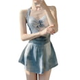 thumbnail image 2 of Traje de baño adelgazante con falda que cubre el vientre y cuello colgante de estilo chica sexy azul teñido anudado para vacaciones en la playa para mujer, 2 of 5