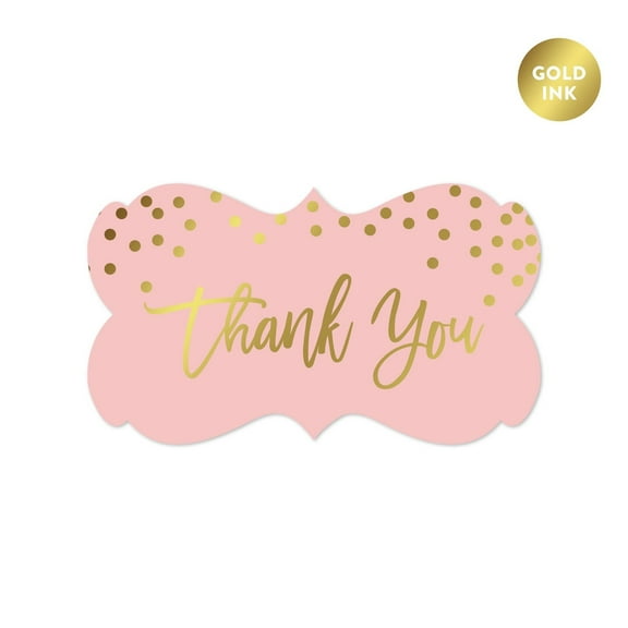 Blush Pink and Metallic Gold Confetti Polka Dots, Fancy Frame Label Stickers, Thank You, 36-Pack