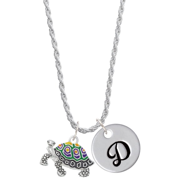 Delight Jewelry Enamel Side Turtle Silvertone Script Initial Disc - D - Charm Necklace, 20"+3"