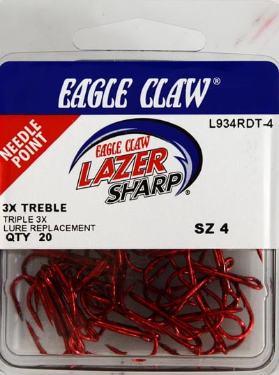 Size 10 EAGLE CLAW 954 3X-strong METALLIC RED trebles Fishing Hooks 12 