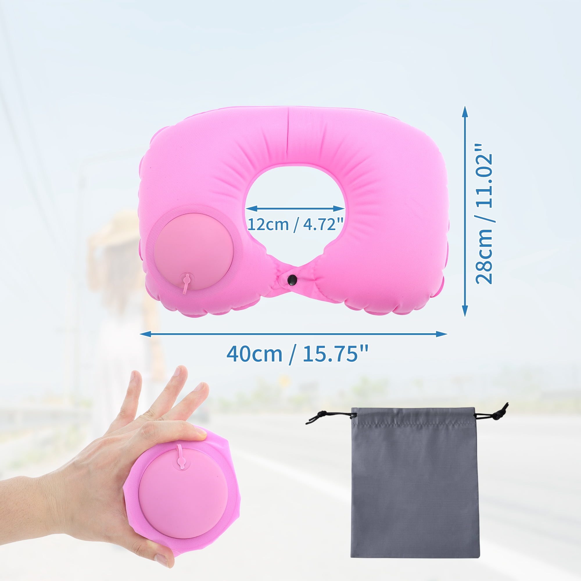 Unique Bargains Travel Pillow Press to Inflate Neck Pillow Pink 15.75"x11.02"