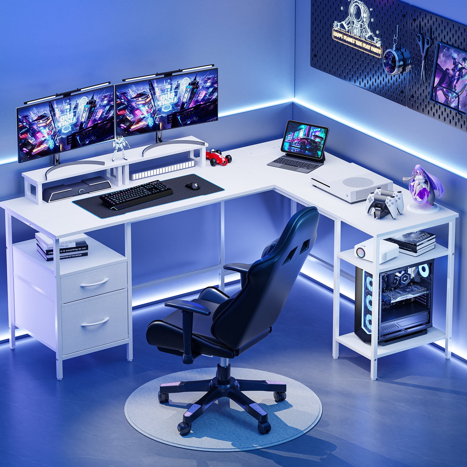 CONCETTA Modern L-Shaped Computer Desk with Power Outlet, Reversible Gaming Desk with Fabric Drawer & 2 Monitor Stands for Home Office, White