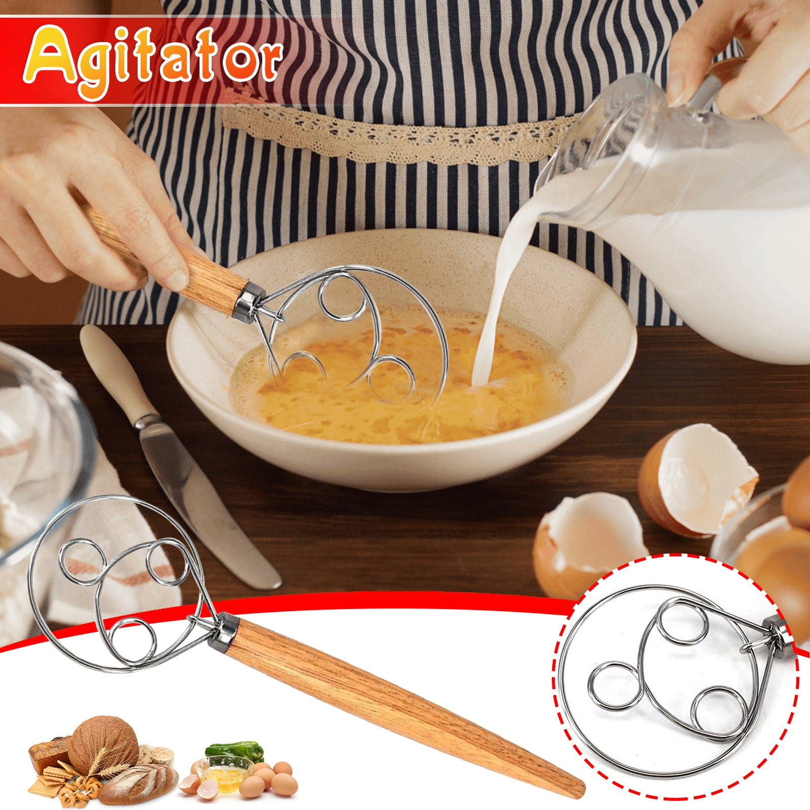 GUZOM Wooden Handle Whisk Flour Coil Stirrer Egg-Beater Stick Kitchen  Baking Tool - Walmart.com