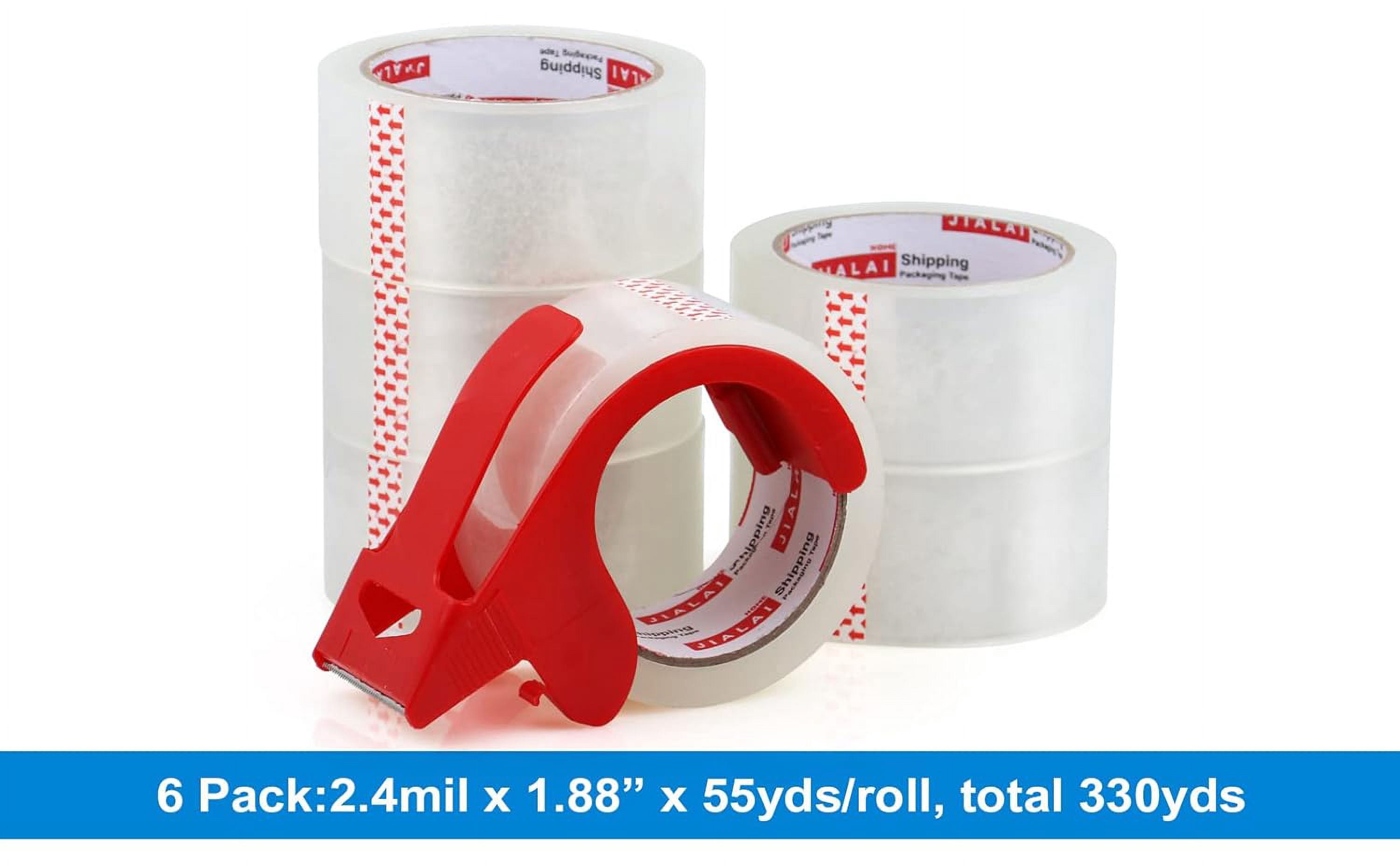 Heavy duty clear packing tape, 6 rolls with dispenser, industrial grade packing tape for transporting moving sealing, each roll 1.88 inches 55 yards.