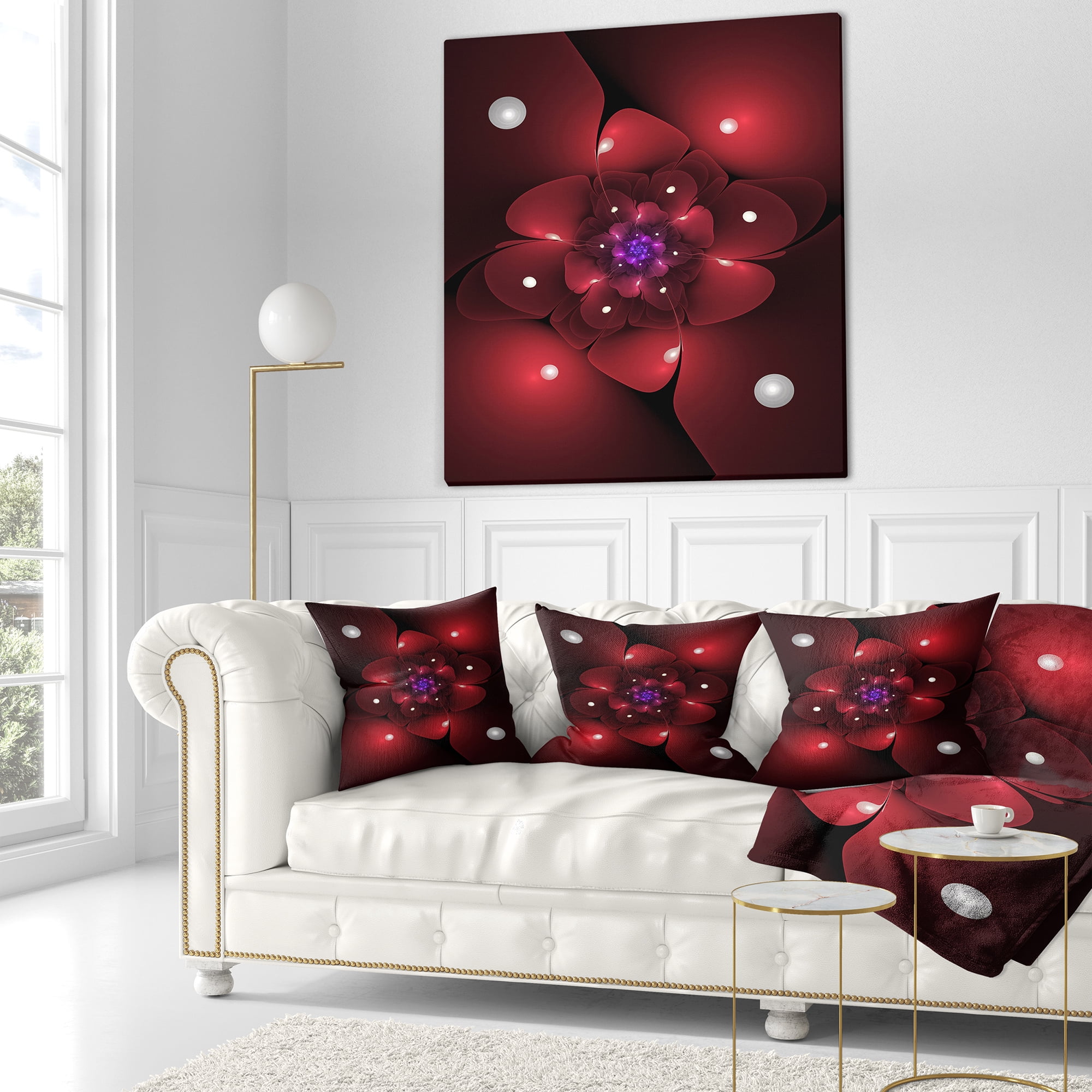 Designart Red Fractal Flower with Illumination - Floral Throw Pillow - 16x16