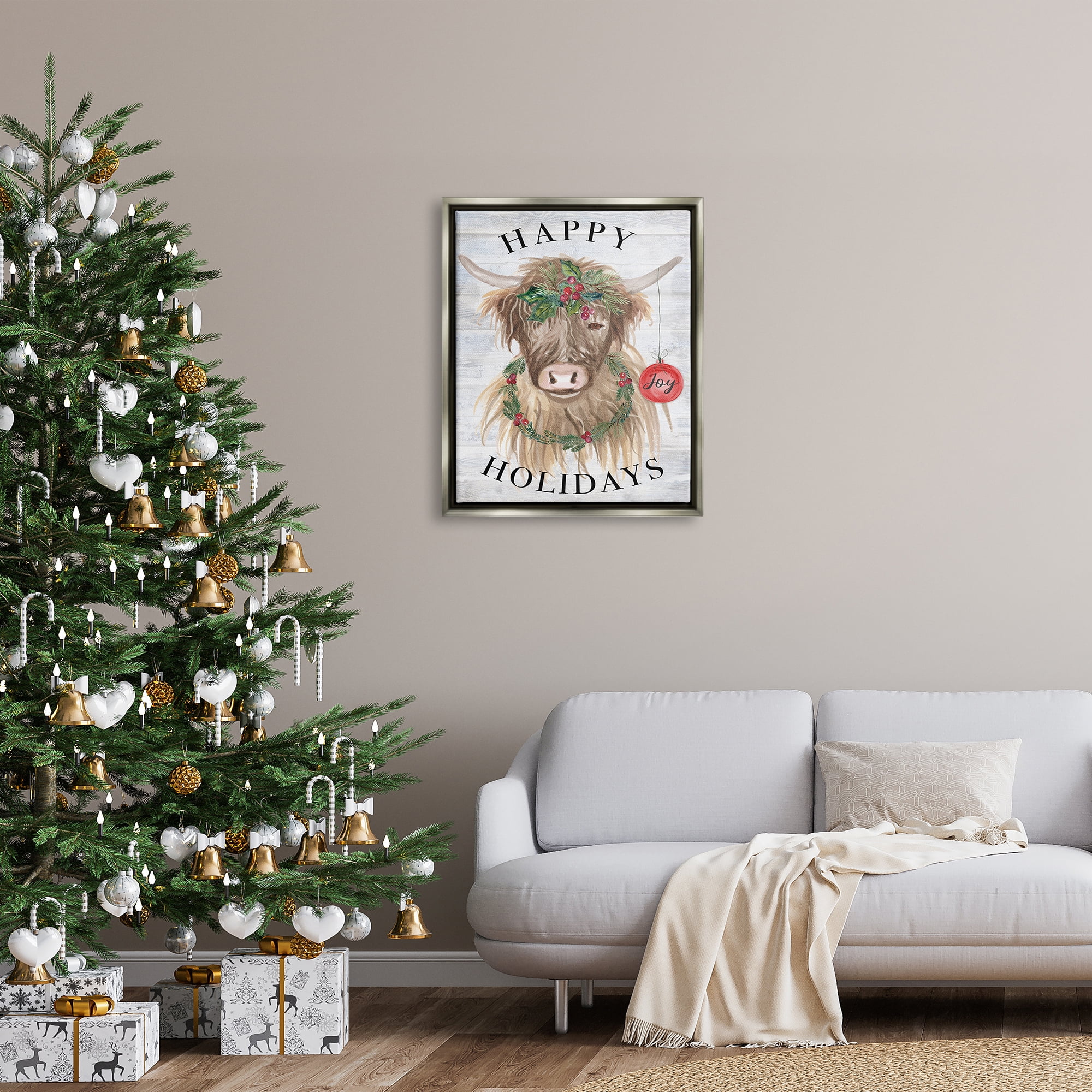 Stupell Industries Farmhouse Holiday Cow Holiday Painting Gray Floater Framed Art Print Wall Art, 25 x 31