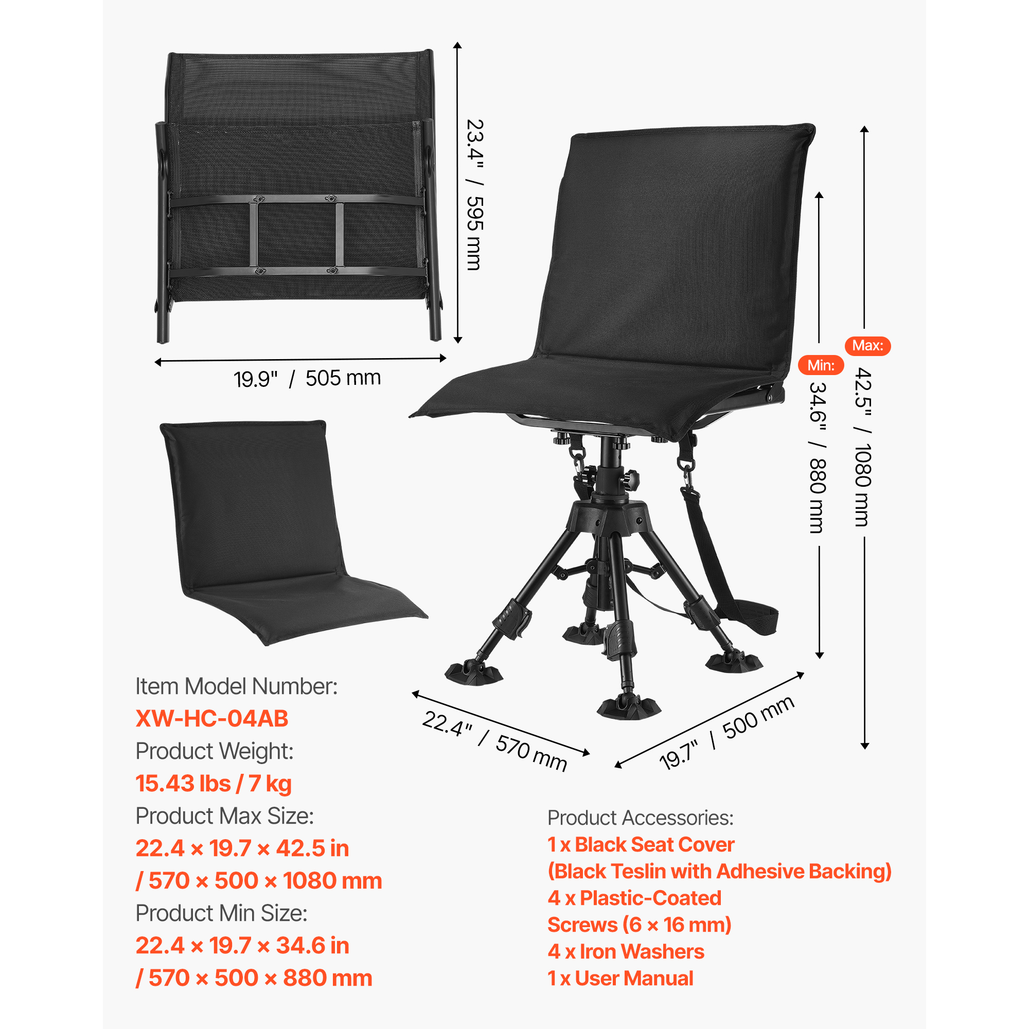 KFFKFF Hunting Chair with 360° Quiet Rotation, Foldable and Portable Blind Seat, Durable Steel Frame Ground Stool with Seat Cover, Stable Feet, Adjustable Height, 350 Lbs Weight Capacity