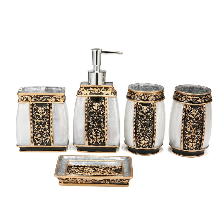 LUANT Resin Soap Dish, Soap Dispenser, Toothbrush Holder & Tumbler Bathroom Accessory 5 Piece Set (Black)