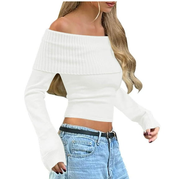 ZyeKqe Off Shoulder Tops for Women Short Sleeve Going out Crop Tops Slim Fitted Cropped Sweaters
