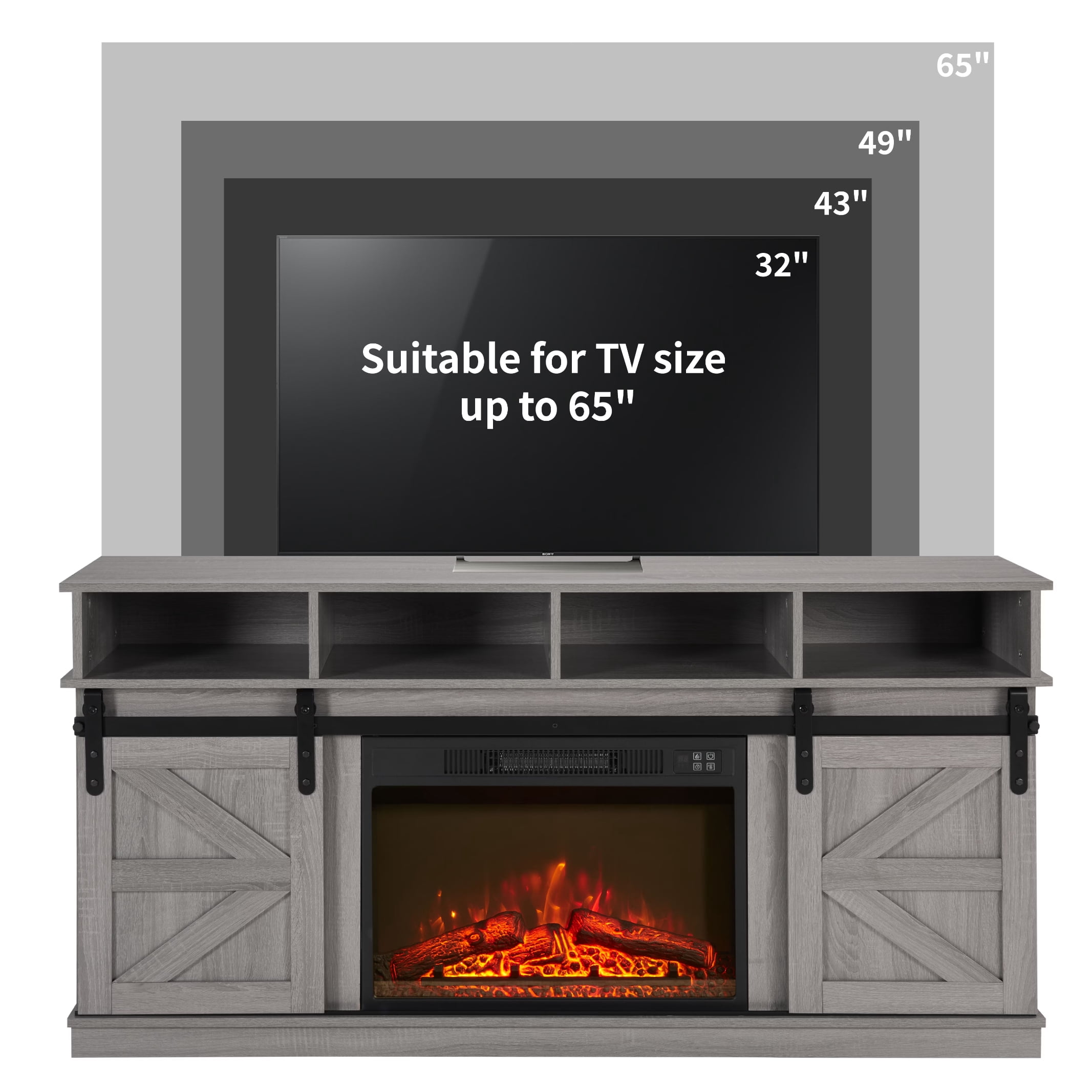 MAYEERTY Modern Farmhouse TV Stand with 23" Fireplace, For TVs Up to 65", Grey